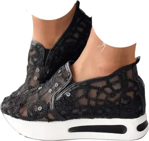 Fashion Sneakers for Women 2025, Floral Embroidery Breathable Sheer Mesh Lace Slip on Sneakers Orthopedic Lightweight Platform Wedge Sneakers Dressy Casual Walking Stylish Memory Foam Shoes