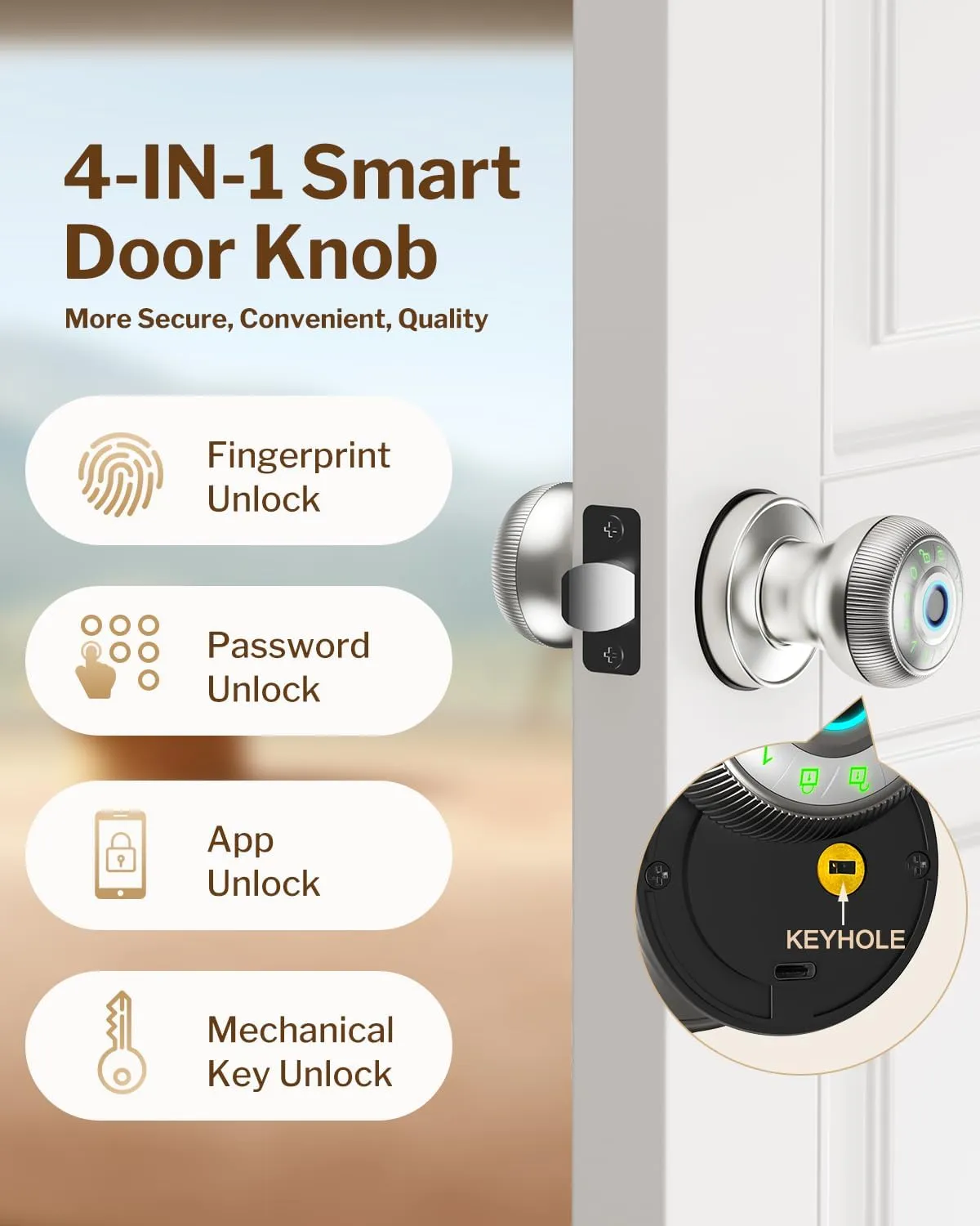 Fingerprint Door Lock - Smart Door Knob with Passcode Keypad, Finger Print Biometric Door Knobs & App Control, Keyless Smart Door Lock for Apartment Bedroom Hotel Office (Silvery)