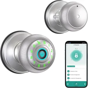 Fingerprint Door Lock - Smart Door Knob with Passcode Keypad, Finger Print Biometric Door Knobs & App Control, Keyless Smart Door Lock for Apartment Bedroom Hotel Office (Silvery)