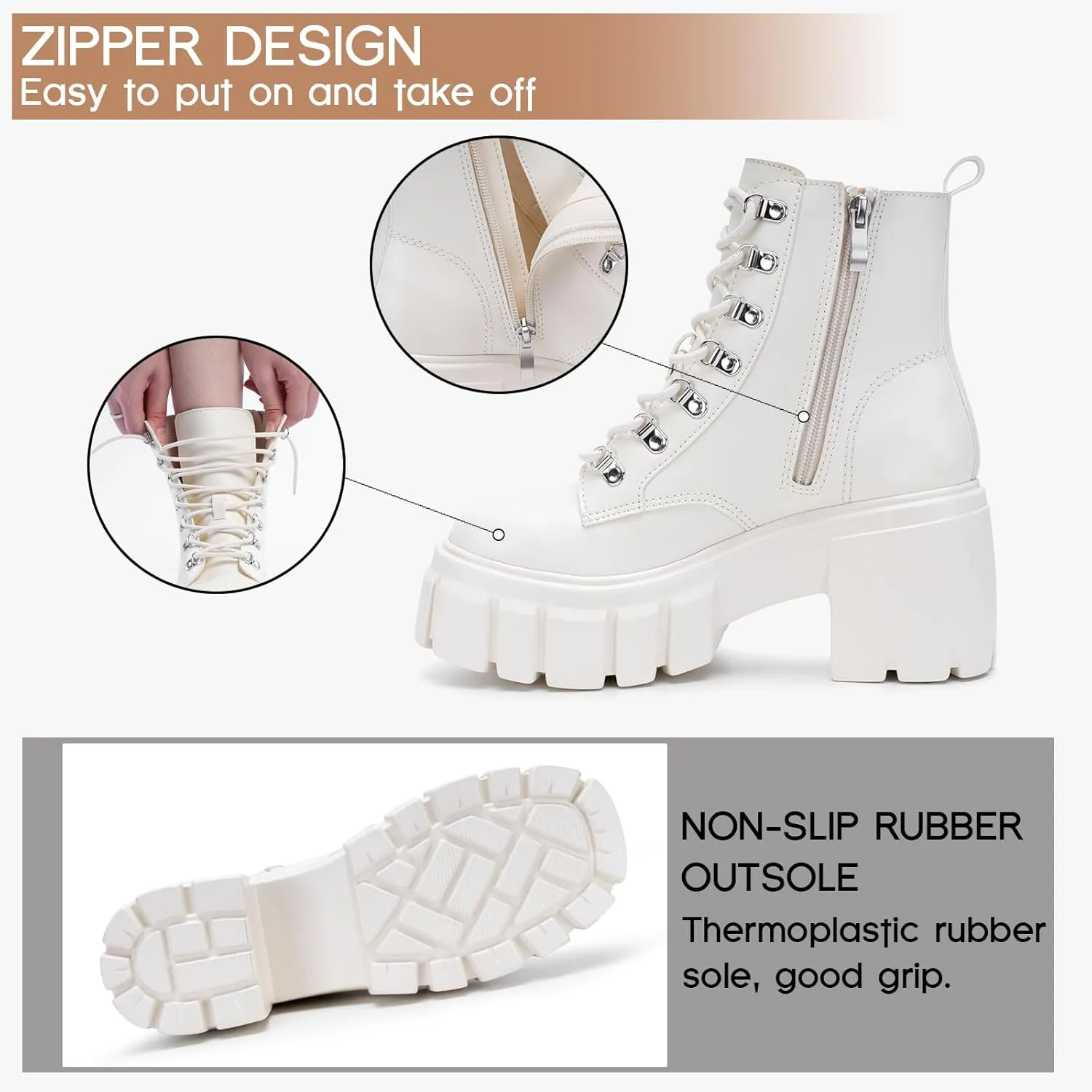 FITORY Women’s Combat Boots Lightweight Lace up Side Zipper Ankle Botas High Heel Chunky Platform Lug Sole Booties Size 6-11