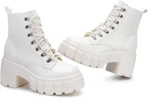 FITORY Women’s Combat Boots Lightweight Lace up Side Zipper Ankle Botas High Heel Chunky Platform Lug Sole Booties Size 6-11