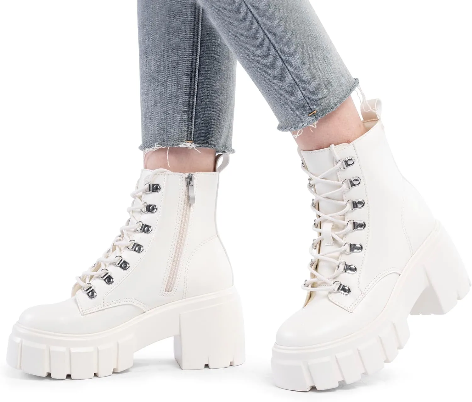 FITORY Women’s Combat Boots Lightweight Lace up Side Zipper Ankle Botas High Heel Chunky Platform Lug Sole Booties Size 6-11