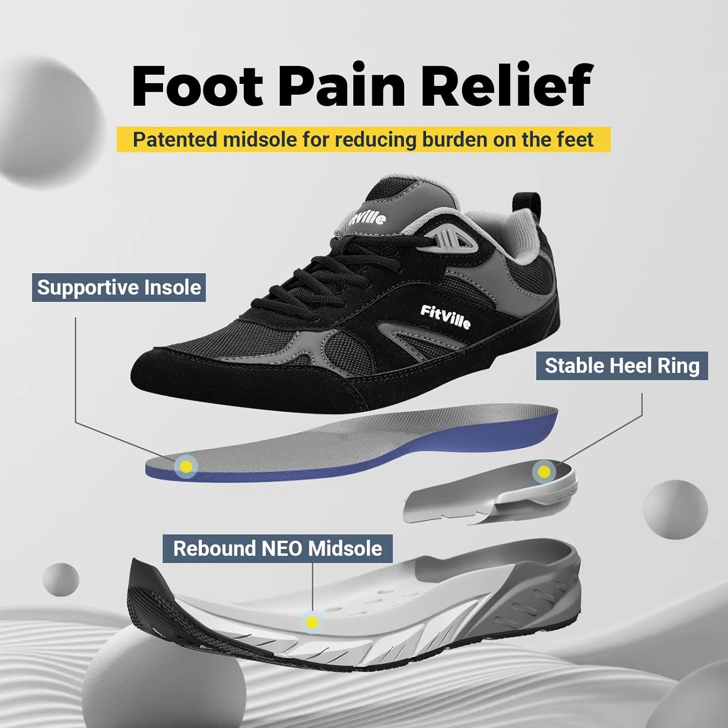 FitVille Wide Walking Shoes for Men Extra Wide Width Sneakers with Arch Support for Flat Feet Heel Pain Relief Plantar Fasciitis - Rebound NEO V1