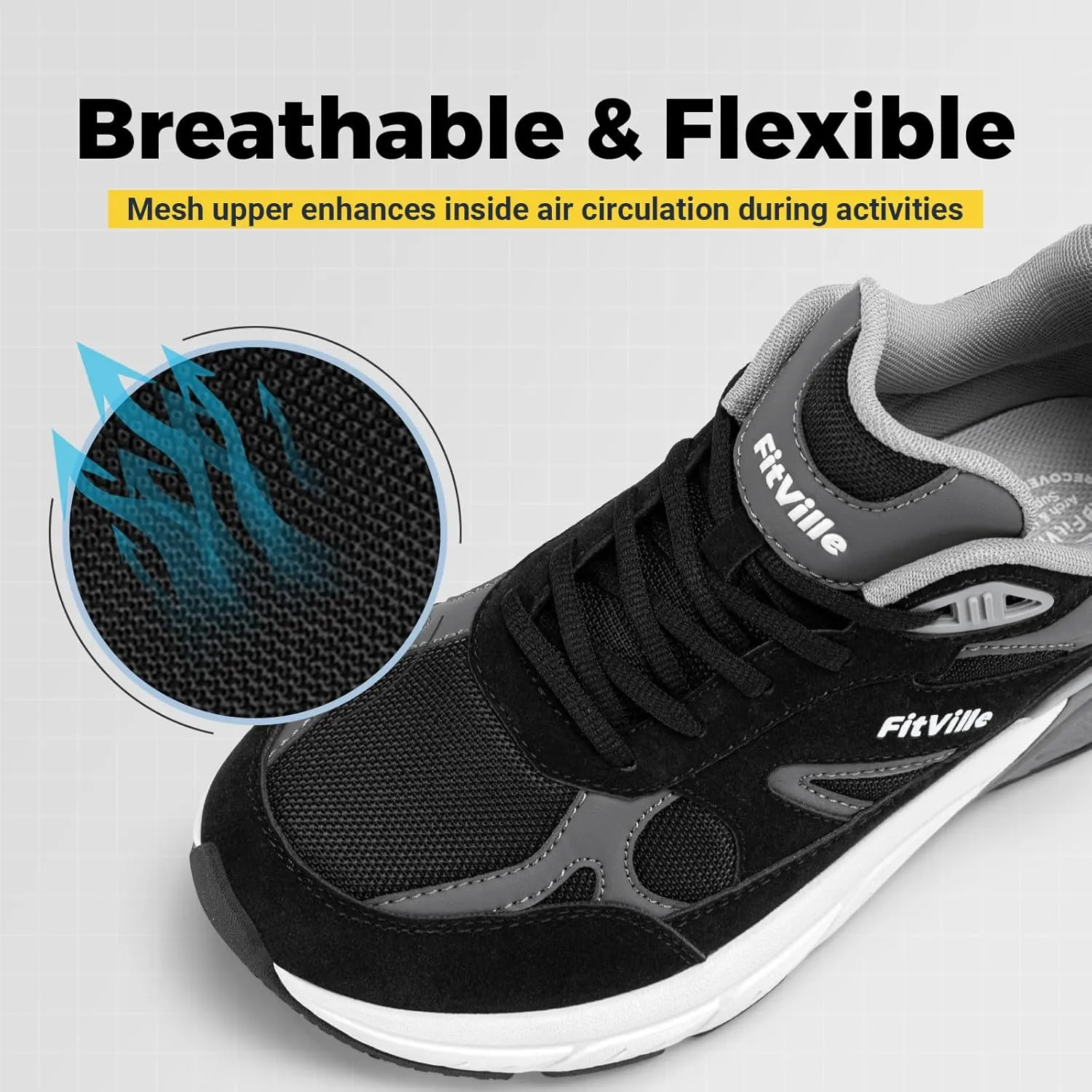 FitVille Wide Walking Shoes for Men Extra Wide Width Sneakers with Arch Support for Flat Feet Heel Pain Relief Plantar Fasciitis - Rebound NEO V1