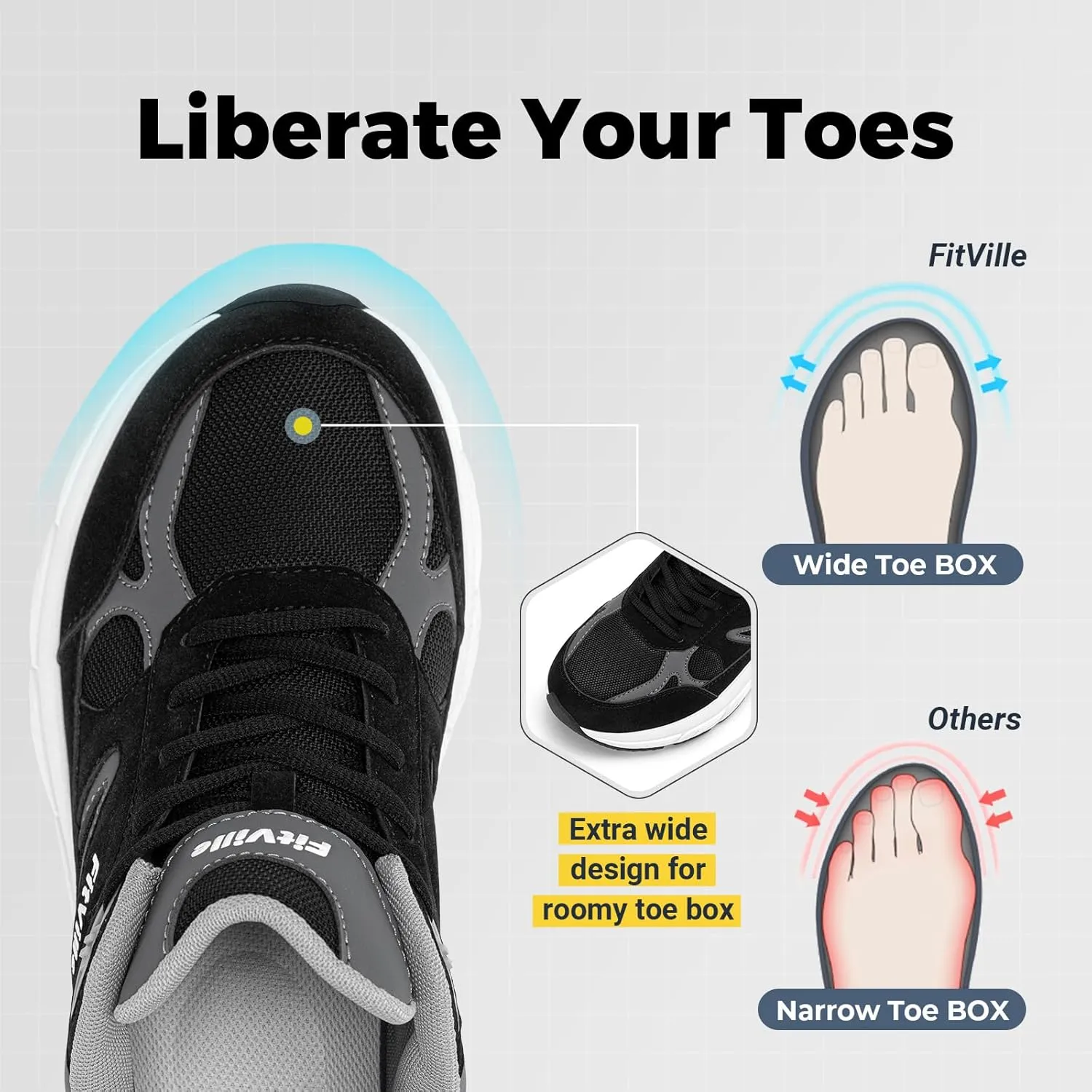 FitVille Wide Walking Shoes for Men Extra Wide Width Sneakers with Arch Support for Flat Feet Heel Pain Relief Plantar Fasciitis - Rebound NEO V1