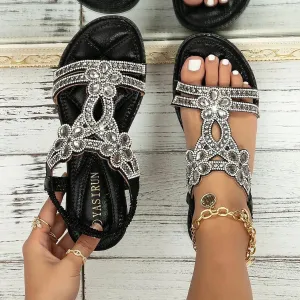 Flat Sandals for Women Dressy,Women's T-Strap Beaded Flower Rhinestone Sandals for Women Comfortable Bohemian Summer Beach Sandals Slip-on Flat Walking Orthopedic Sandals Thong Sandals