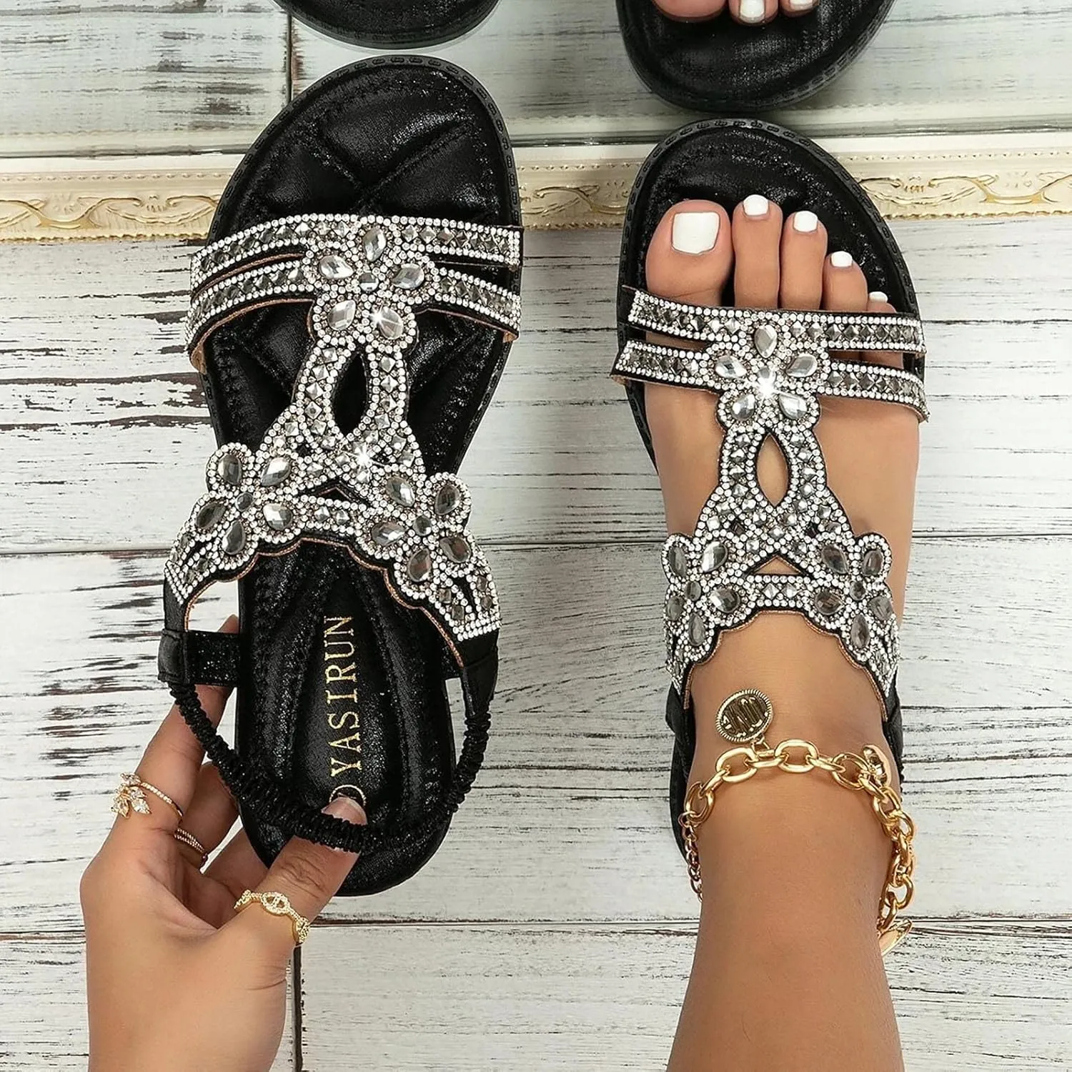 Flat Sandals for Women Dressy,Women's T-Strap Beaded Flower Rhinestone Sandals for Women Comfortable Bohemian Summer Beach Sandals Slip-on Flat Walking Orthopedic Sandals Thong Sandals