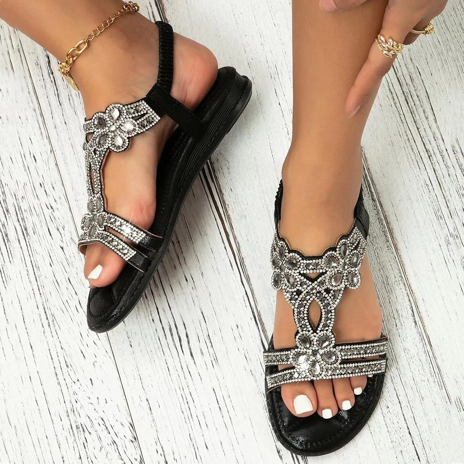 Flat Sandals for Women Dressy,Women's T-Strap Beaded Flower Rhinestone Sandals for Women Comfortable Bohemian Summer Beach Sandals Slip-on Flat Walking Orthopedic Sandals Thong Sandals