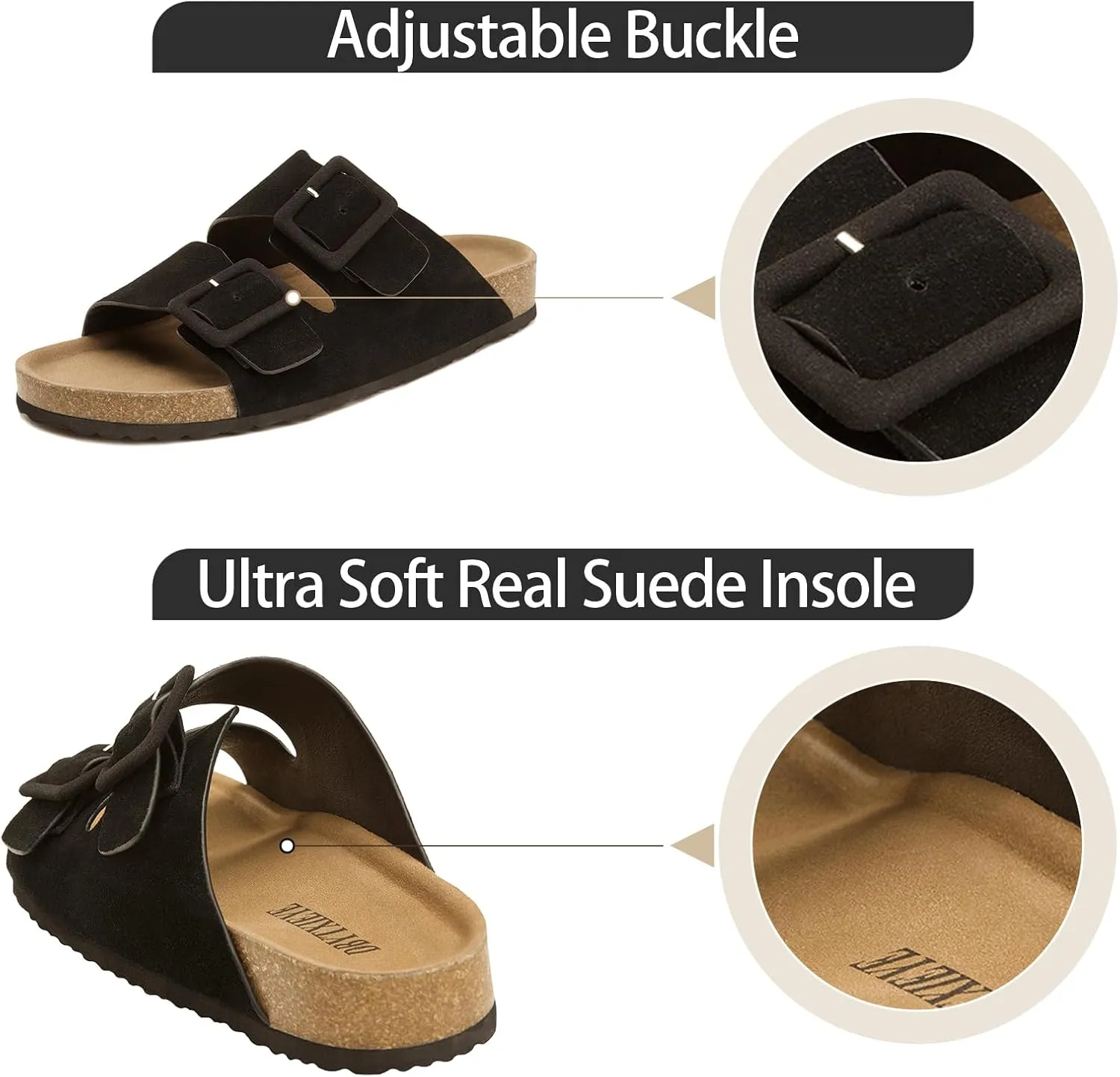 Flat sandals for women, Summer Cork Footbed Slide Sandals with Arch support,100% Genuine Leather