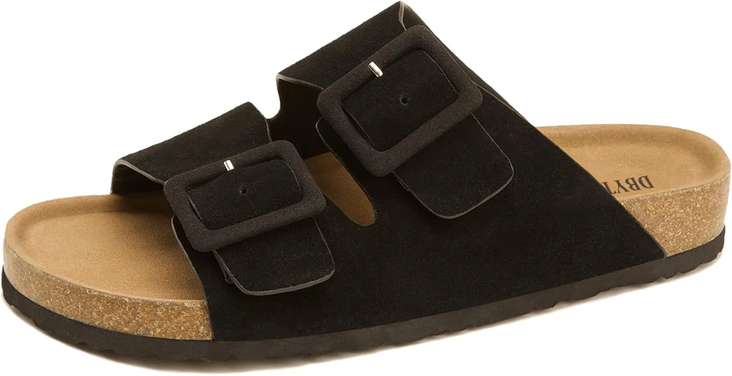 Flat sandals for women, Summer Cork Footbed Slide Sandals with Arch support,100% Genuine Leather