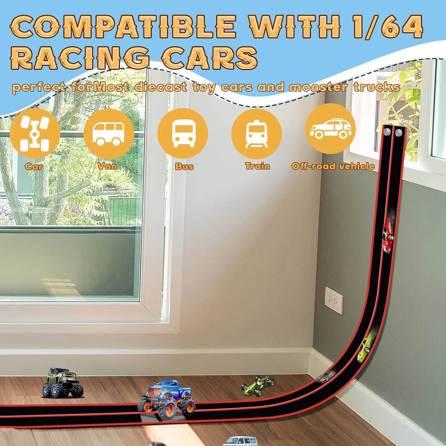 Flex Track 15 Ft Starter Set, Flexible Race Car Ramp Track for Ages 3 & Up with Suction Cups Compatible with Hot Wheels and Diecast 1/64th Cars