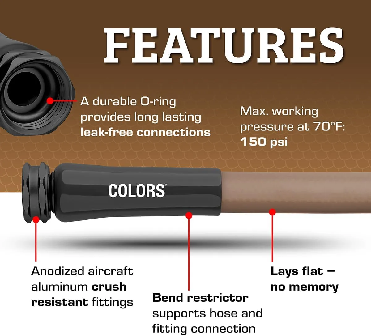 Flexzilla Colors Garden Hose 5/8 in. x 50 ft., Lightweight All-Weather Water Hose, Durable and Flexible, Leak-Free Connections, Brown Mulch