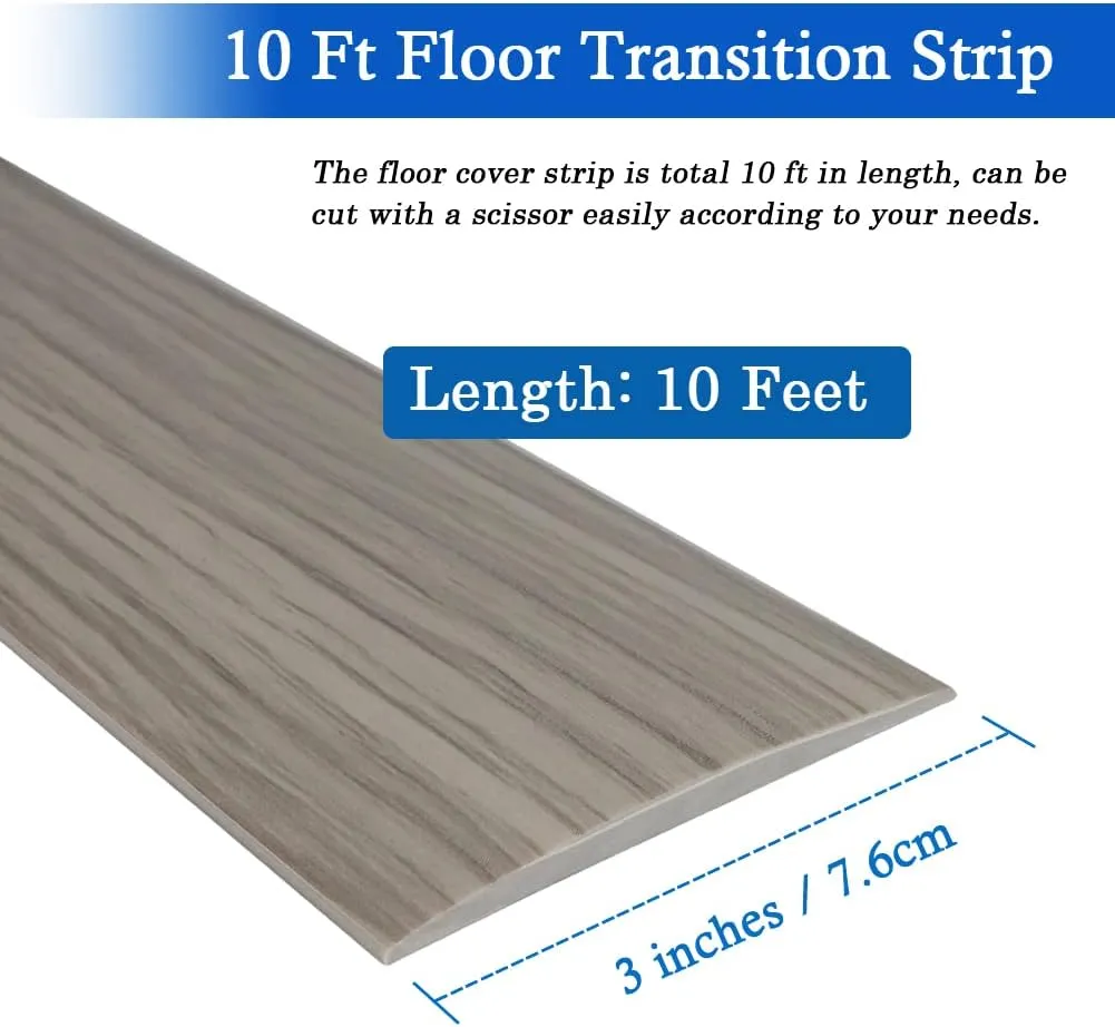 Floor Transition Strip Self Adhesive Floor Cover Strips Laminate 3" Wide Vinyl Flat Divider Transitions Elegant Wood Grain Design (7.6cm, 10Ft, Gray)