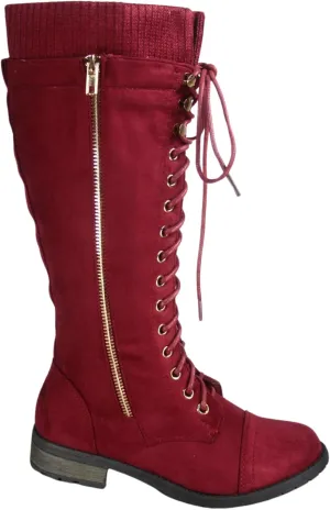 Forever Link Mango-92 Women's Lace-Up Knee High Combat Stacked Heel Boot Shoes. Burgundy 7