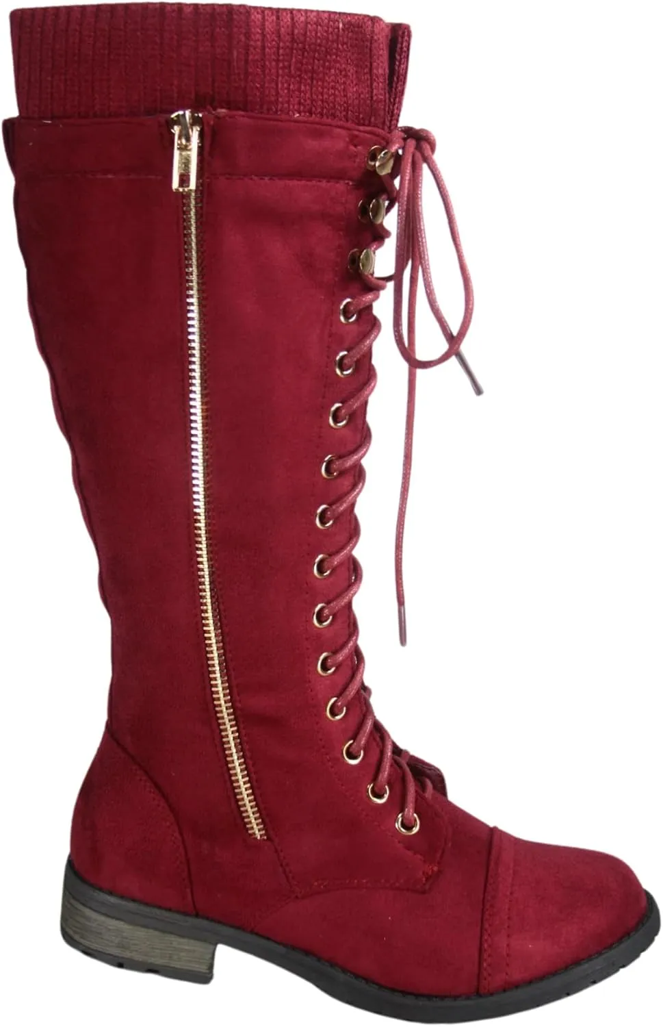 Forever Link Mango-92 Women's Lace-Up Knee High Combat Stacked Heel Boot Shoes. Burgundy 7