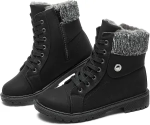 FRACORA Women's PU Leather Combat Boots Warm Fur Lined Black Ankle Booties Side Zipper White Boots Non-slip Winter Boots