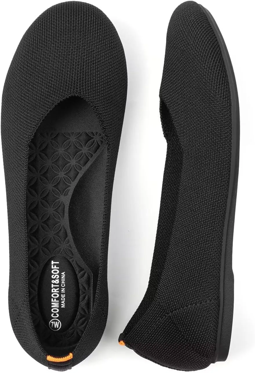 Frank Mully Women's Wide Width Flats Ballet Flats Round Toe Knit Flat Shoes with Arch Support Wide Toe Box