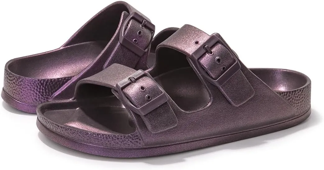 FUNKYMONKEY Women's Comfort Slides Double Buckle Adjustable Plastics Flat Sandals