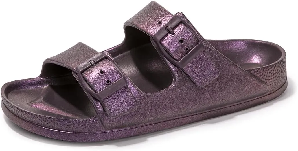 FUNKYMONKEY Women's Comfort Slides Double Buckle Adjustable Plastics Flat Sandals