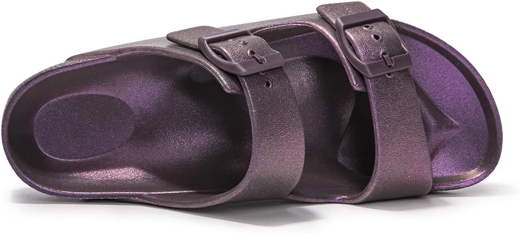 FUNKYMONKEY Women's Comfort Slides Double Buckle Adjustable Plastics Flat Sandals