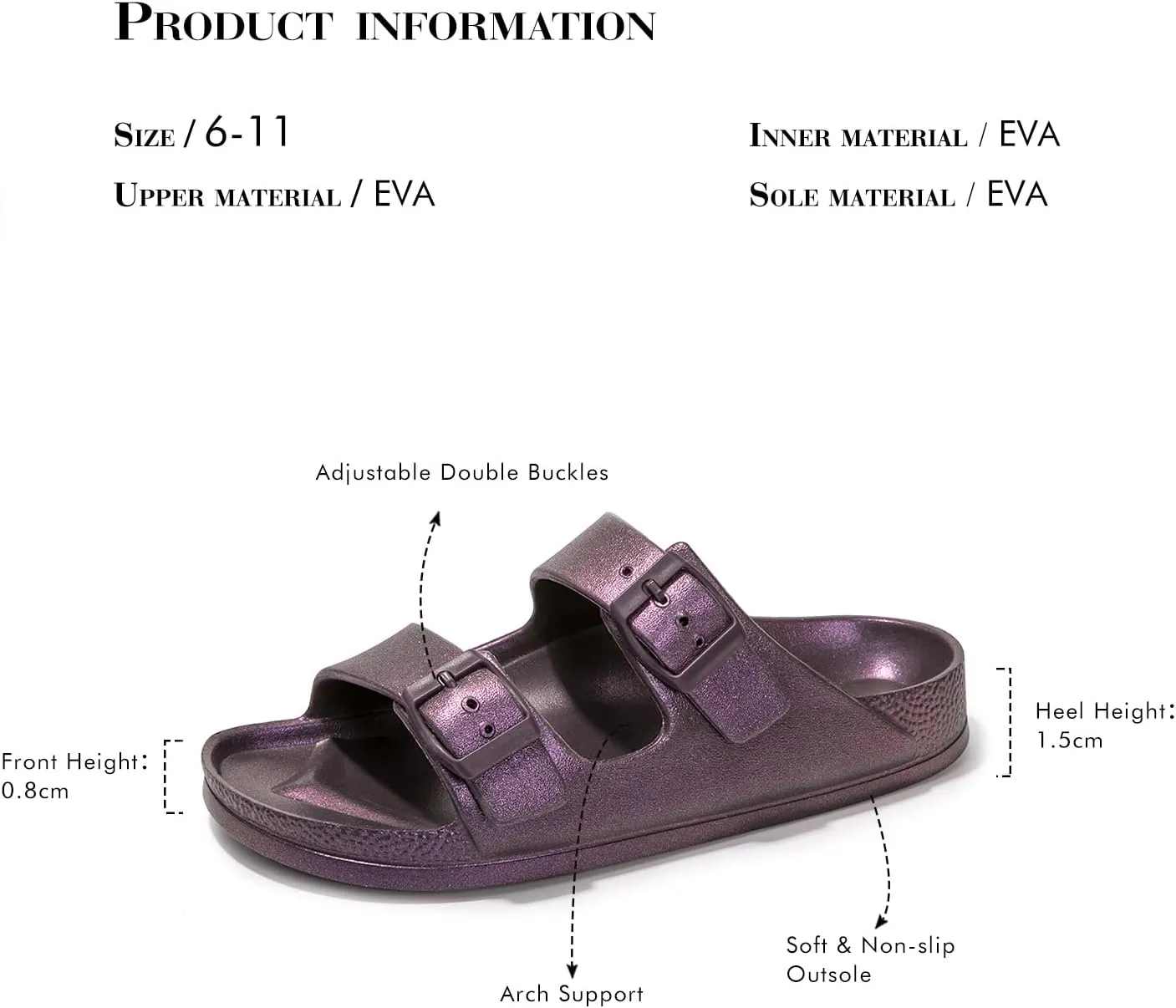 FUNKYMONKEY Women's Comfort Slides Double Buckle Adjustable Plastics Flat Sandals