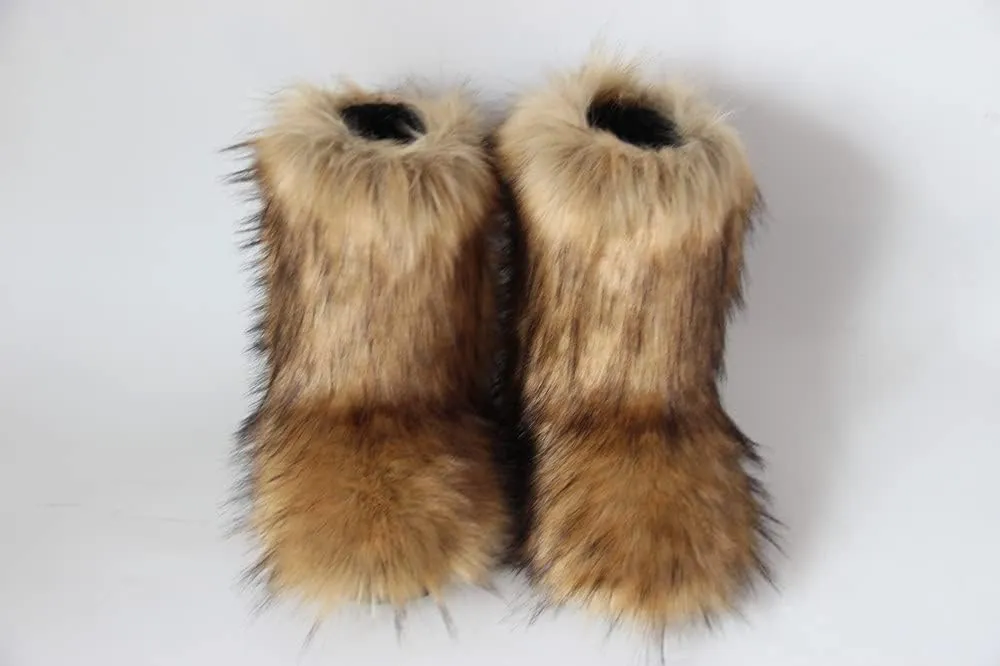 Gegefur Women's Faux fur Boot Furry Fluffy Short Snow Boot Mid-Calf Boots Warm Comfortable Outdoor Flat Shoes