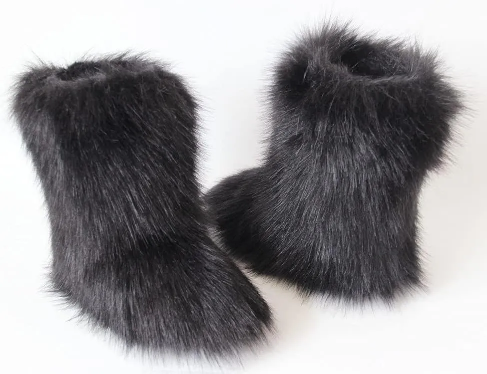 Gegefur Women's Faux fur Boot Furry Fluffy Short Snow Boot Mid-Calf Boots Warm Comfortable Outdoor Flat Shoes