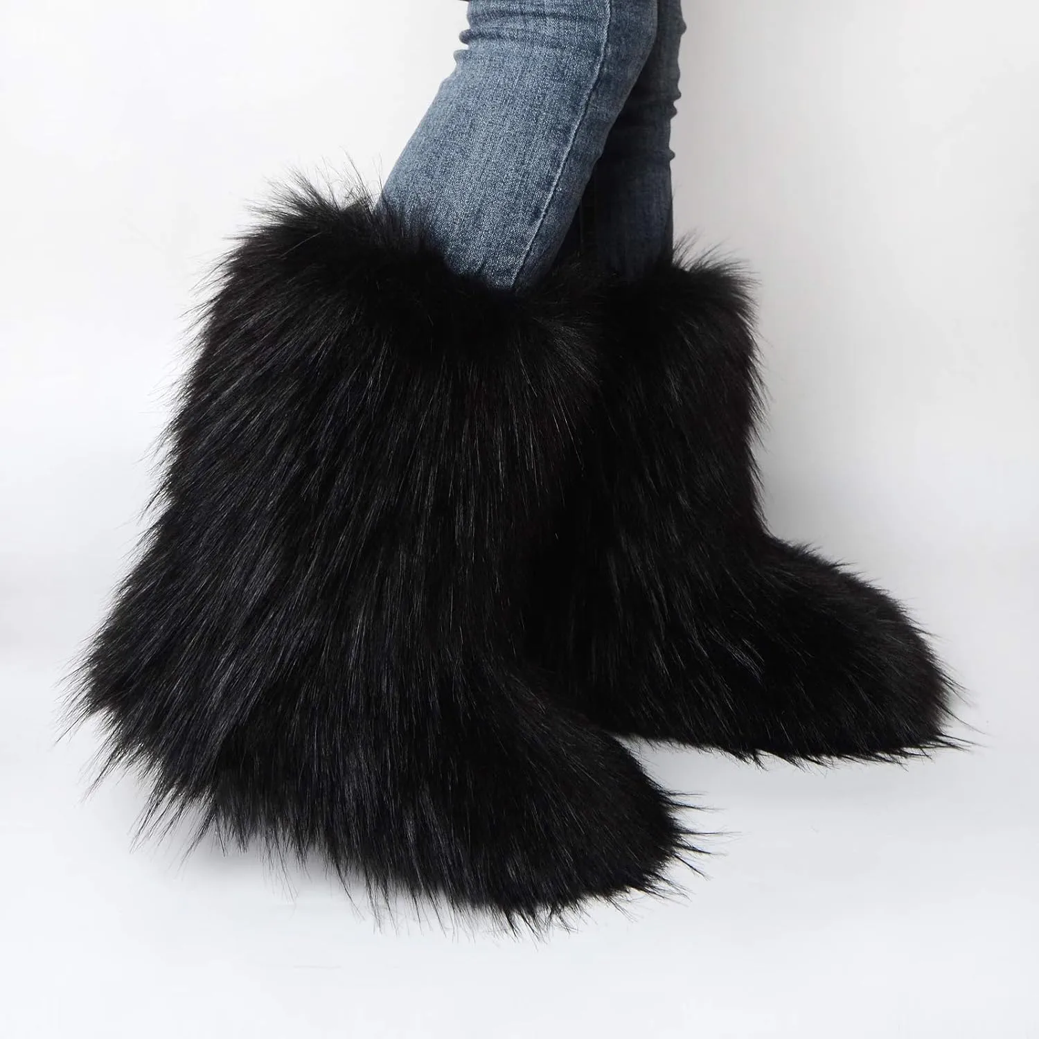Gegefur Women's Faux fur Boot Furry Fluffy Short Snow Boot Mid-Calf Boots Warm Comfortable Outdoor Flat Shoes