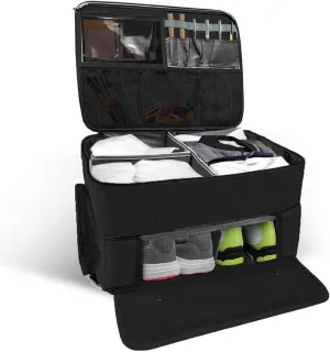 Golf Trunk Organizer – 2 Layer Car Storage Case for Golfers with Separate Ventilated Shoe Compartment–Portable Golf Bag Organizer for Balls,Tees,Clothes,Gloves & Accessories–Golf Gear for Men (Black)
