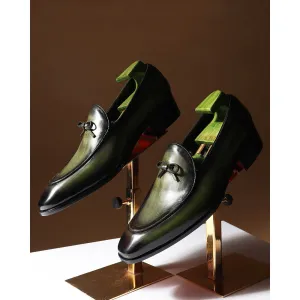 Green Brushed Patina Mirror Glossed Belgian Knot Slipper Pump Loafer