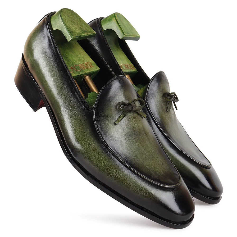 Green Brushed Patina Mirror Glossed Belgian Knot Slipper Pump Loafer