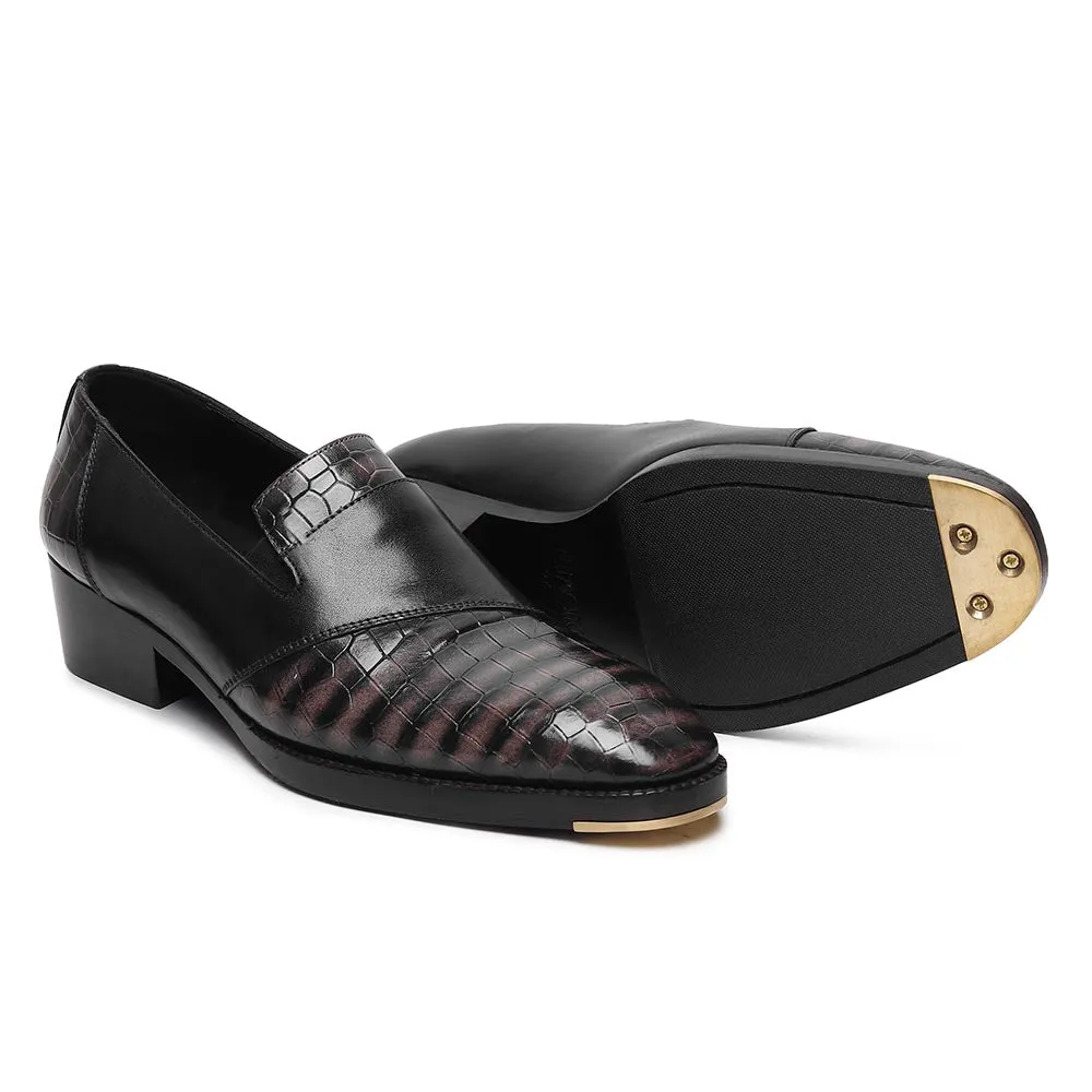 Grey Croco Mirror Glossed Patina Assymetric Loafer   Metal Toe   Cuban Heel