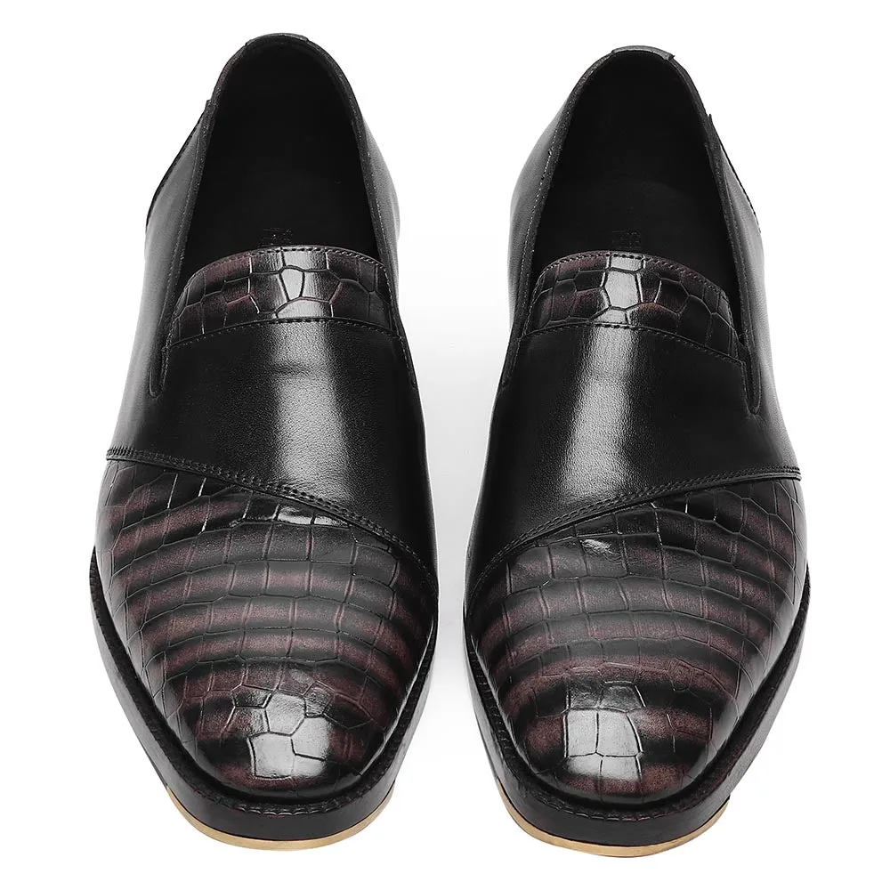 Grey Croco Mirror Glossed Patina Assymetric Loafer   Metal Toe   Cuban Heel