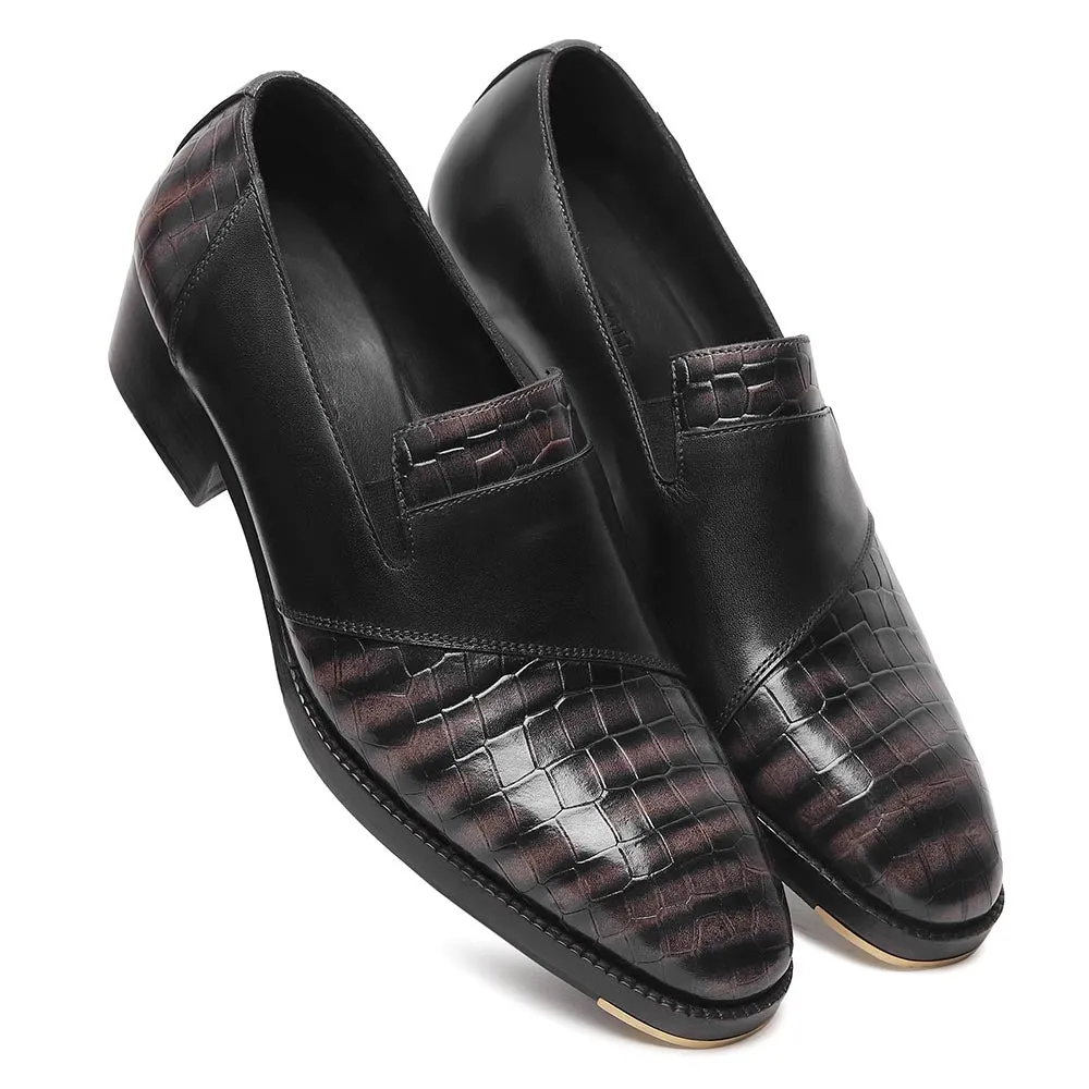Grey Croco Mirror Glossed Patina Assymetric Loafer   Metal Toe   Cuban Heel