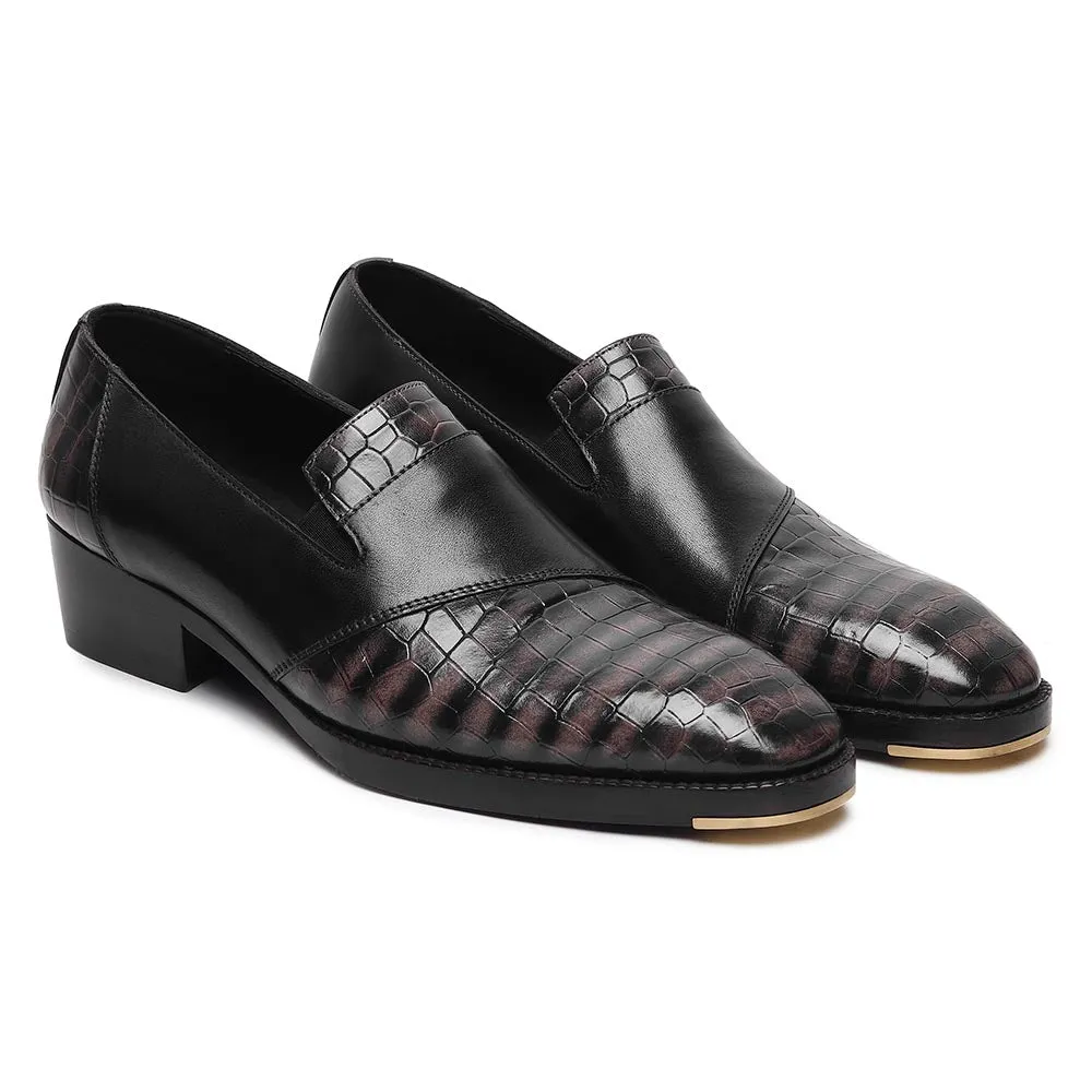 Grey Croco Mirror Glossed Patina Assymetric Loafer   Metal Toe   Cuban Heel