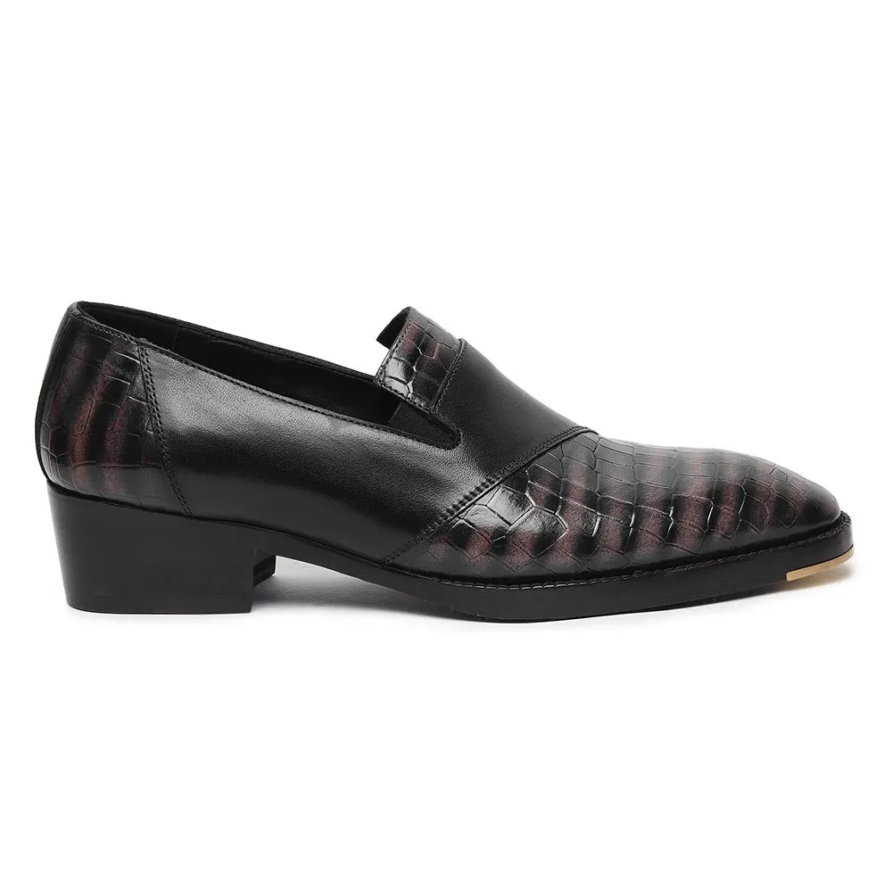 Grey Croco Mirror Glossed Patina Assymetric Loafer   Metal Toe   Cuban Heel