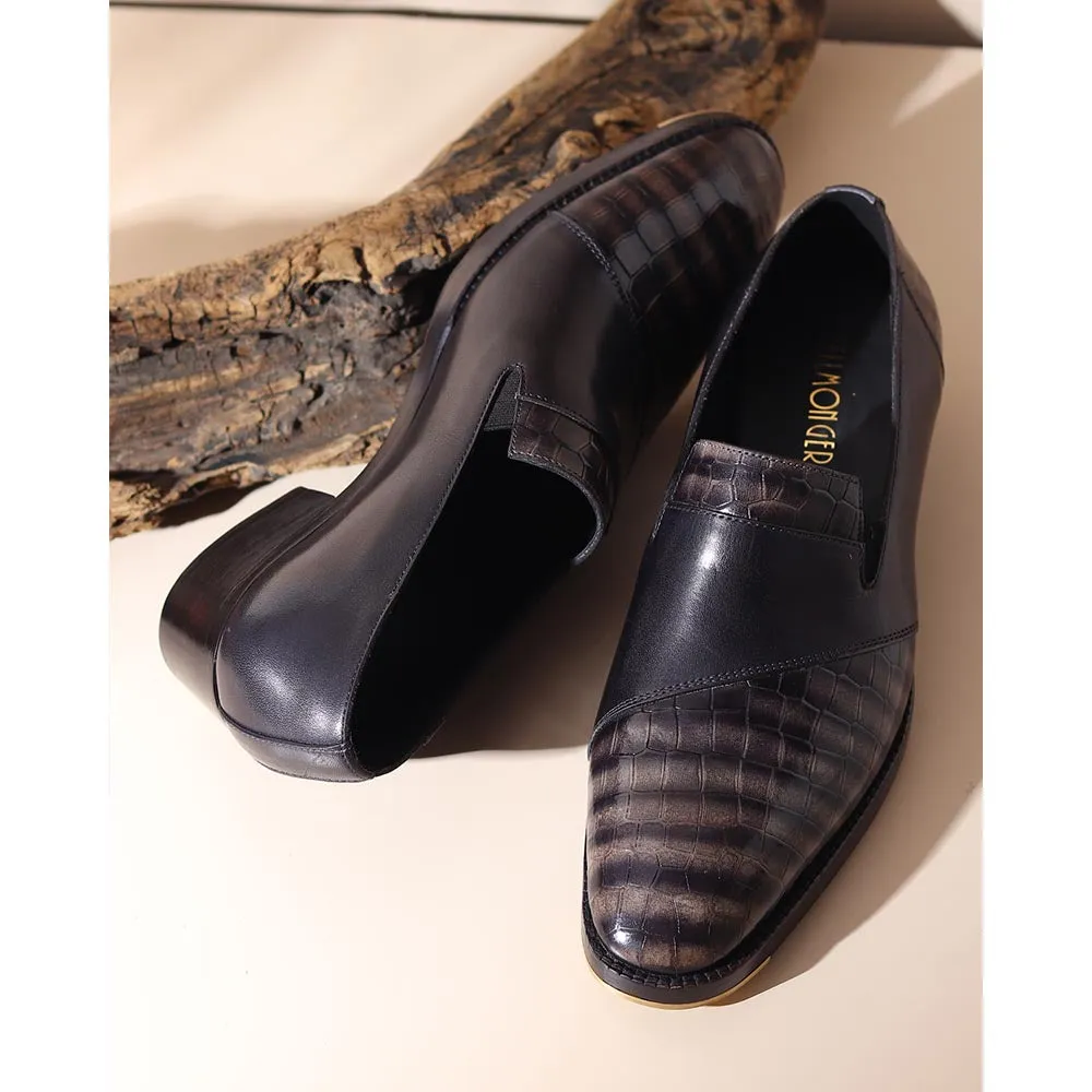 Grey Croco Mirror Glossed Patina Assymetric Loafer   Metal Toe   Cuban Heel