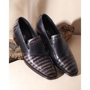 Grey Croco Mirror Glossed Patina Assymetric Loafer   Metal Toe   Cuban Heel