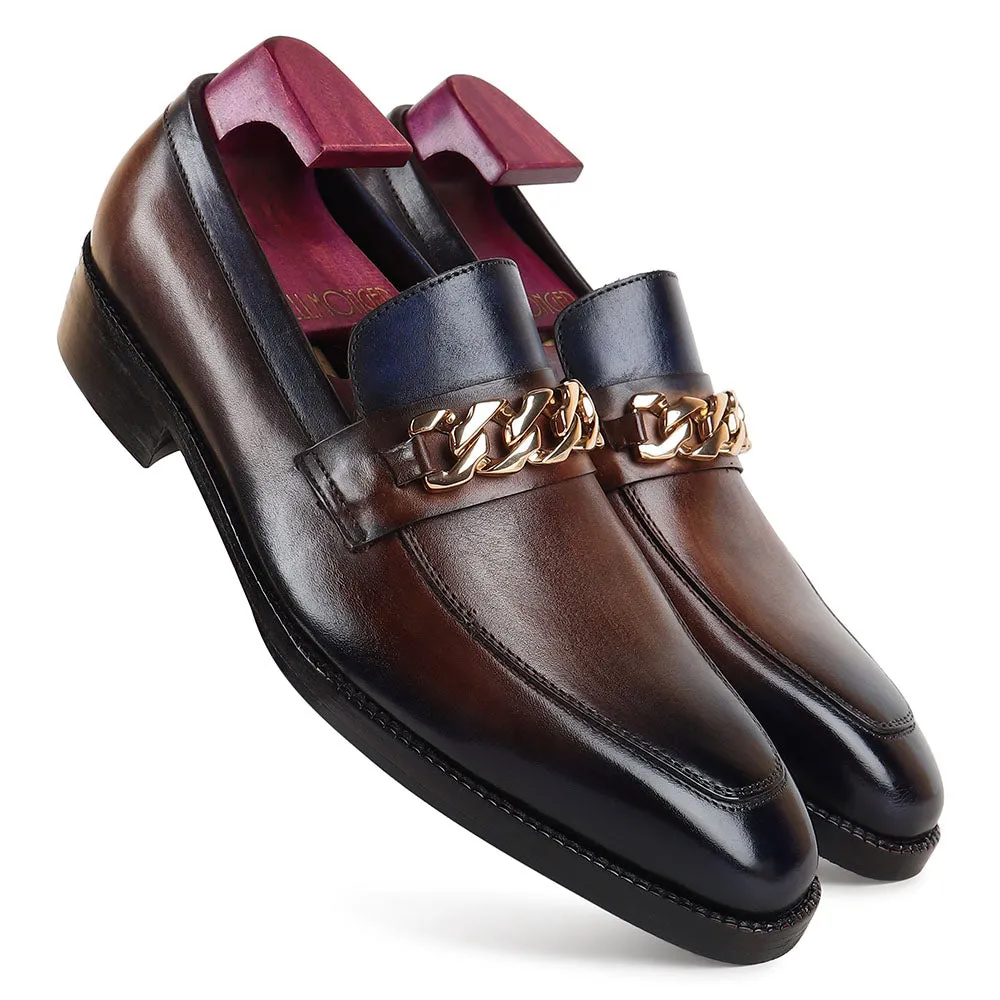 Greyish Brown   Blue Mirror Glossed Patina Chain Buckle Loafer
