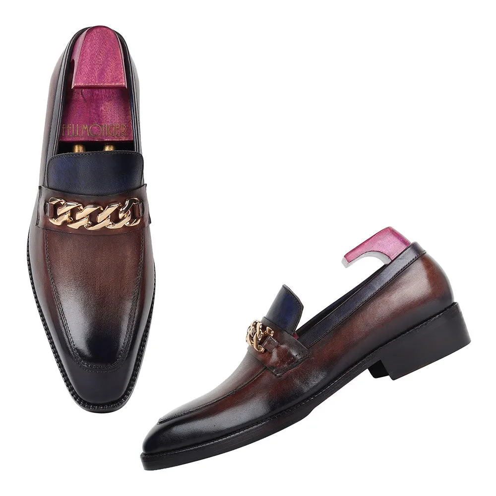Greyish Brown   Blue Mirror Glossed Patina Chain Buckle Loafer