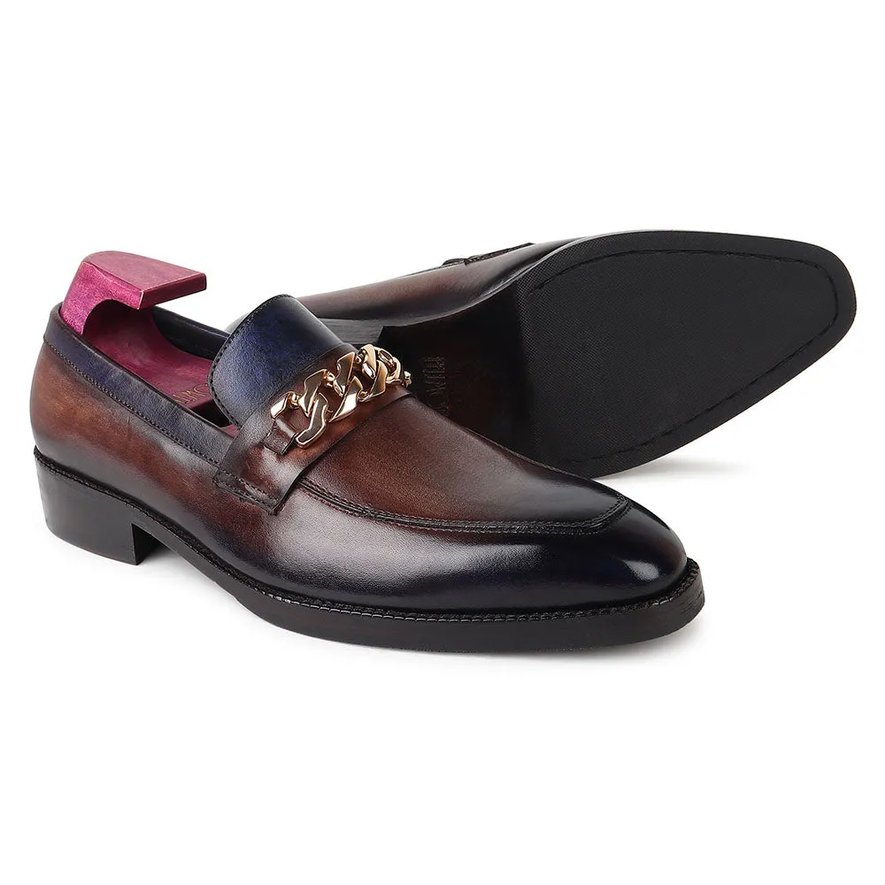 Greyish Brown   Blue Mirror Glossed Patina Chain Buckle Loafer