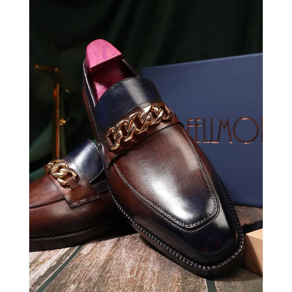 Greyish Brown   Blue Mirror Glossed Patina Chain Buckle Loafer