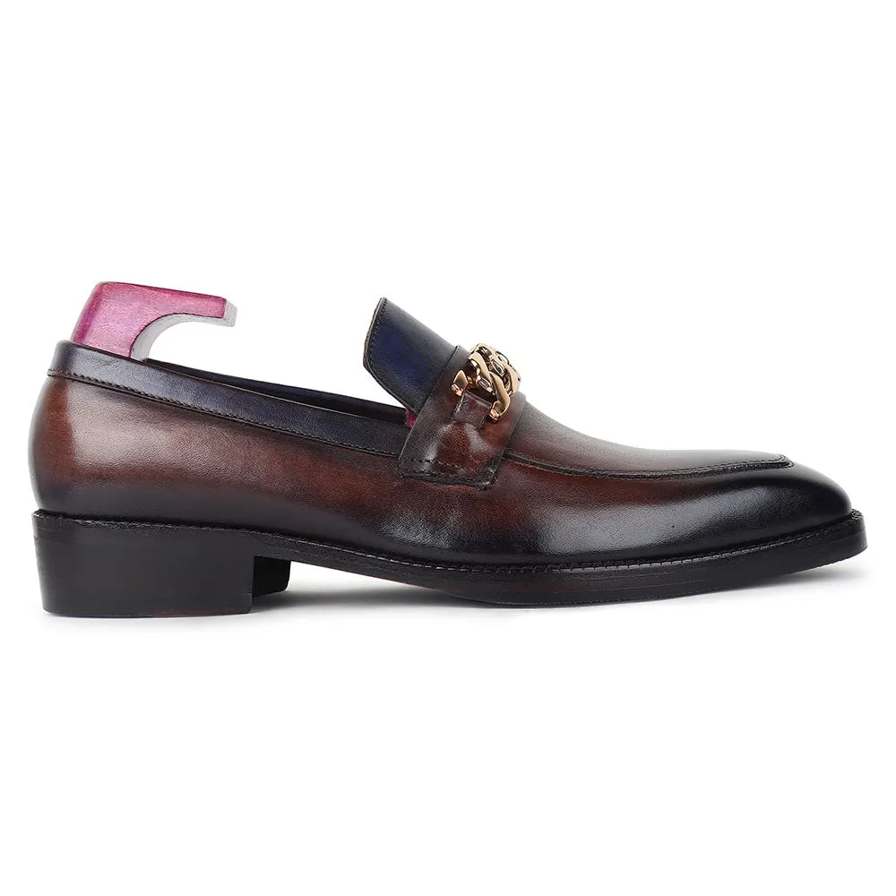 Greyish Brown   Blue Mirror Glossed Patina Chain Buckle Loafer