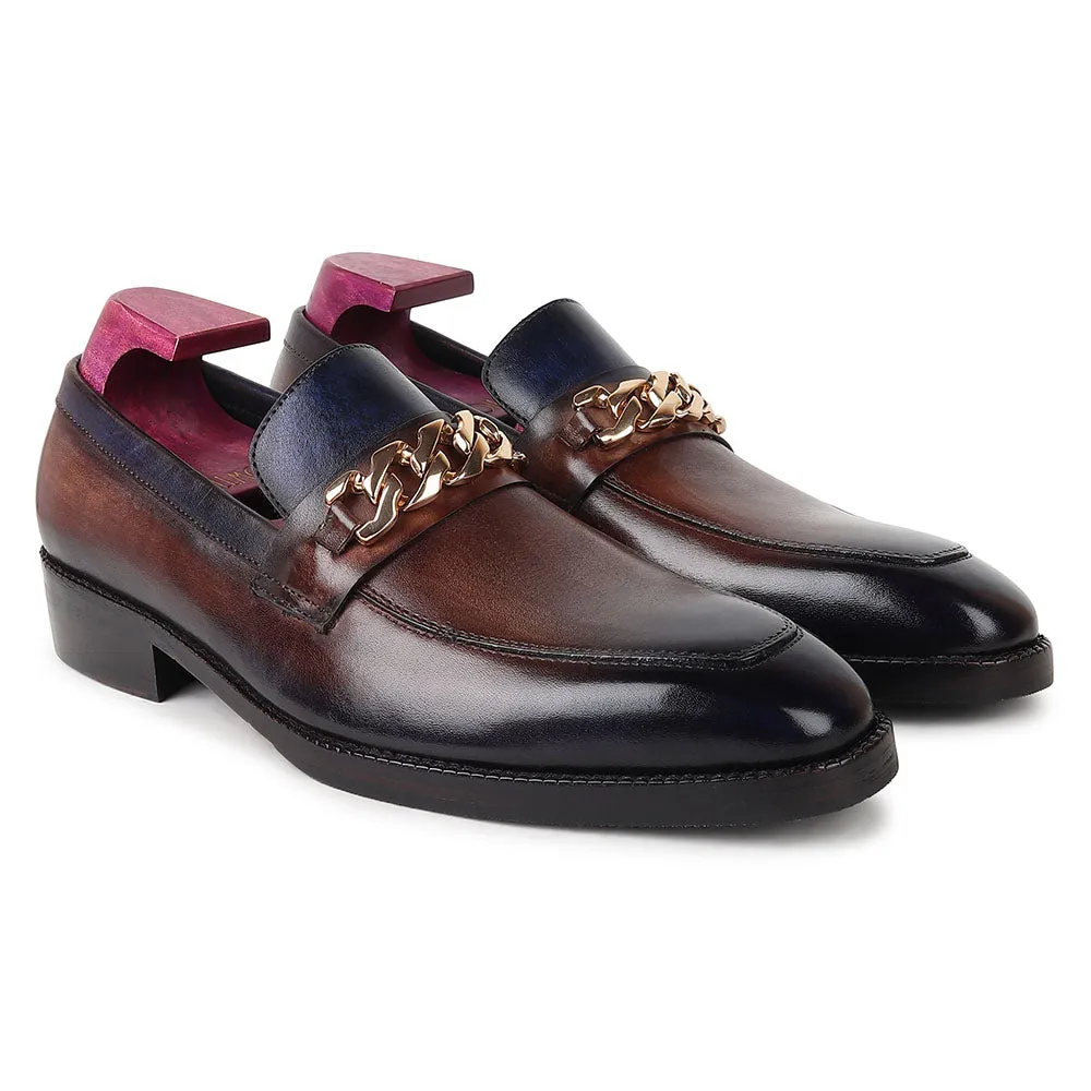 Greyish Brown   Blue Mirror Glossed Patina Chain Buckle Loafer