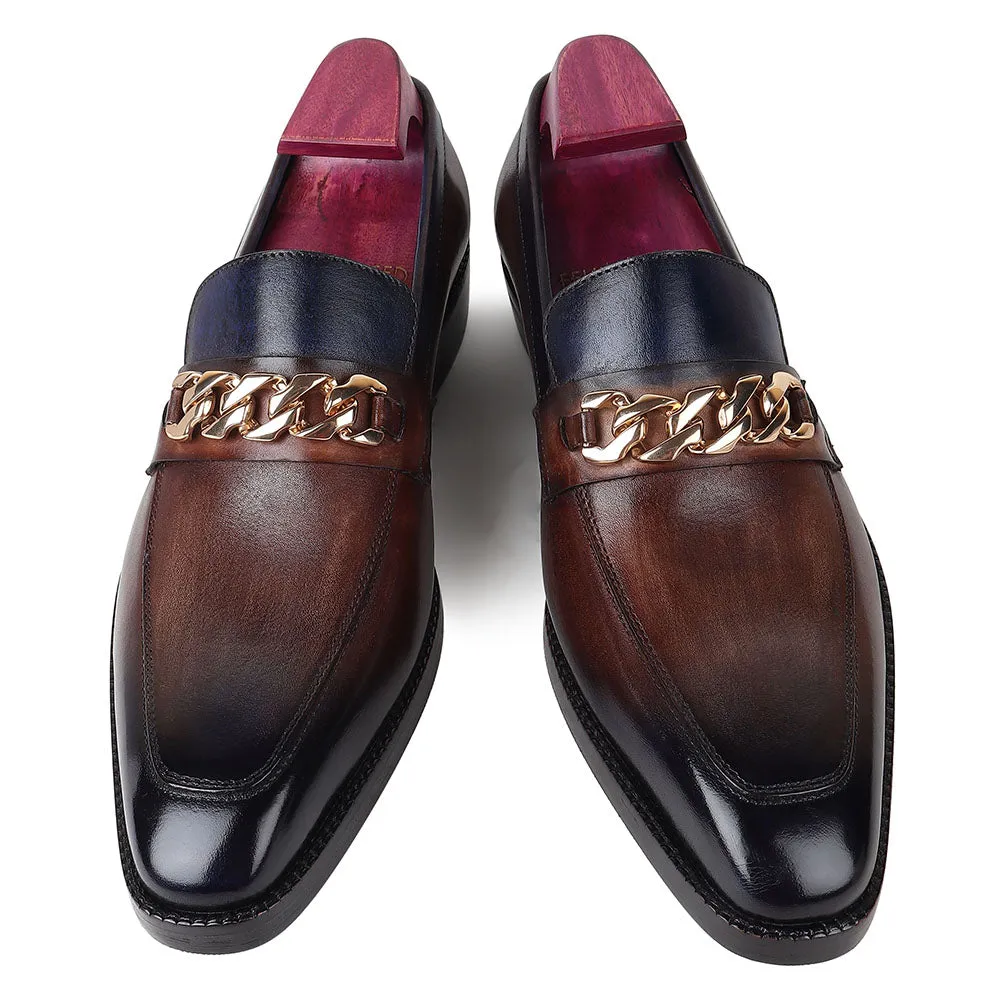 Greyish Brown   Blue Mirror Glossed Patina Chain Buckle Loafer
