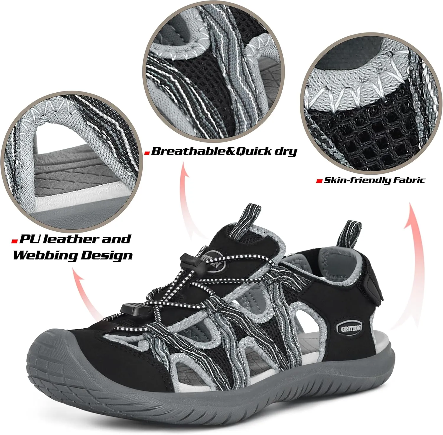 GRITION Hiking Sandals Women Closed Toe, Waterproof Lightweight Adjustable Hiking Athletic Sandals, Breathable For Beach Summer Adventure Comfortable Outdoor Sport