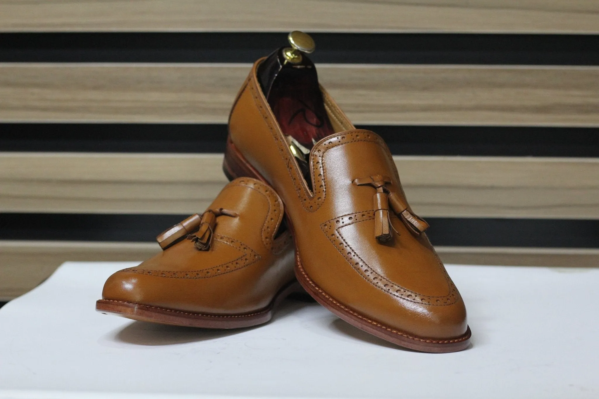 Handmade Tussle Loafers, Leather Brown Loafers For Men's