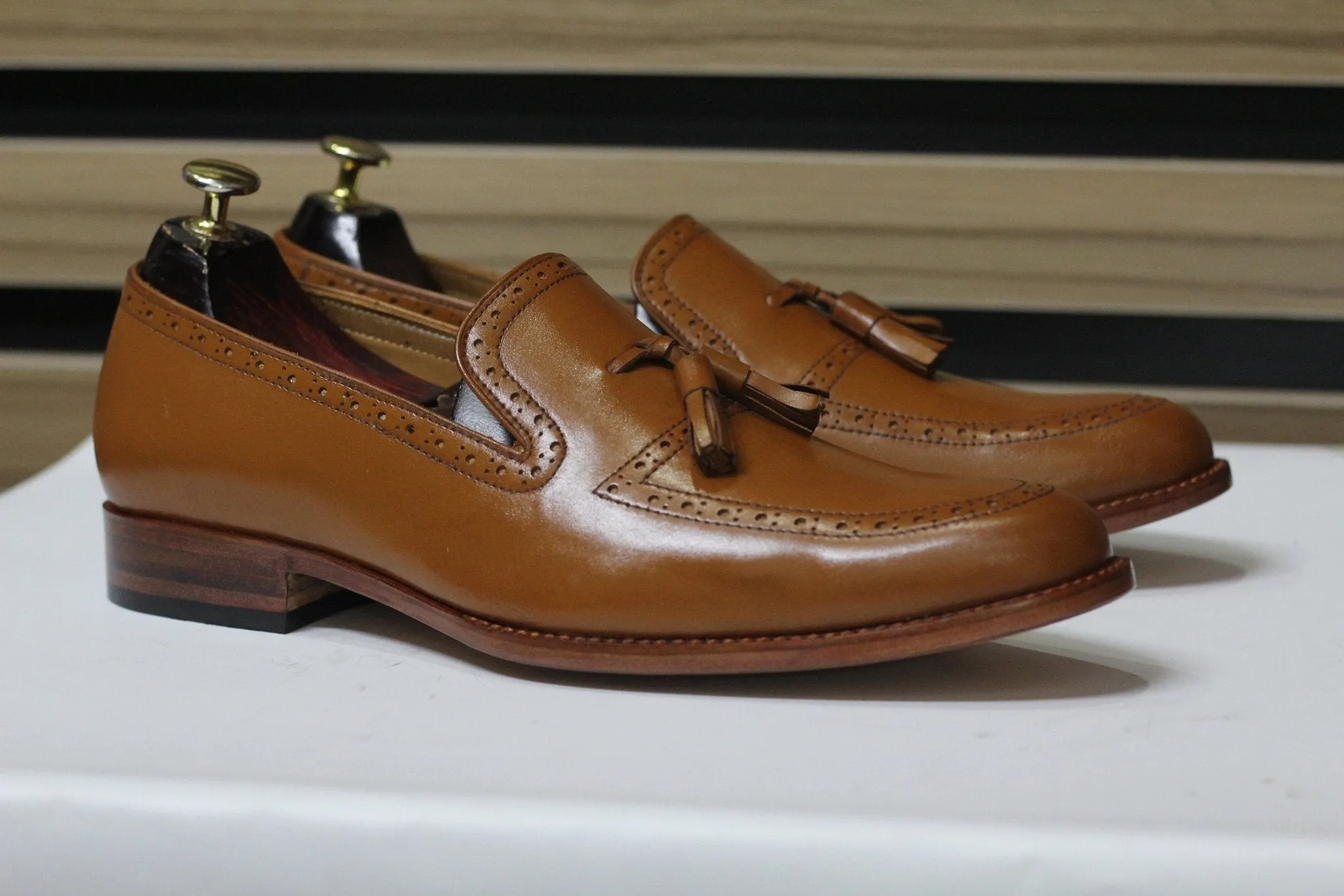 Handmade Tussle Loafers, Leather Brown Loafers For Men's
