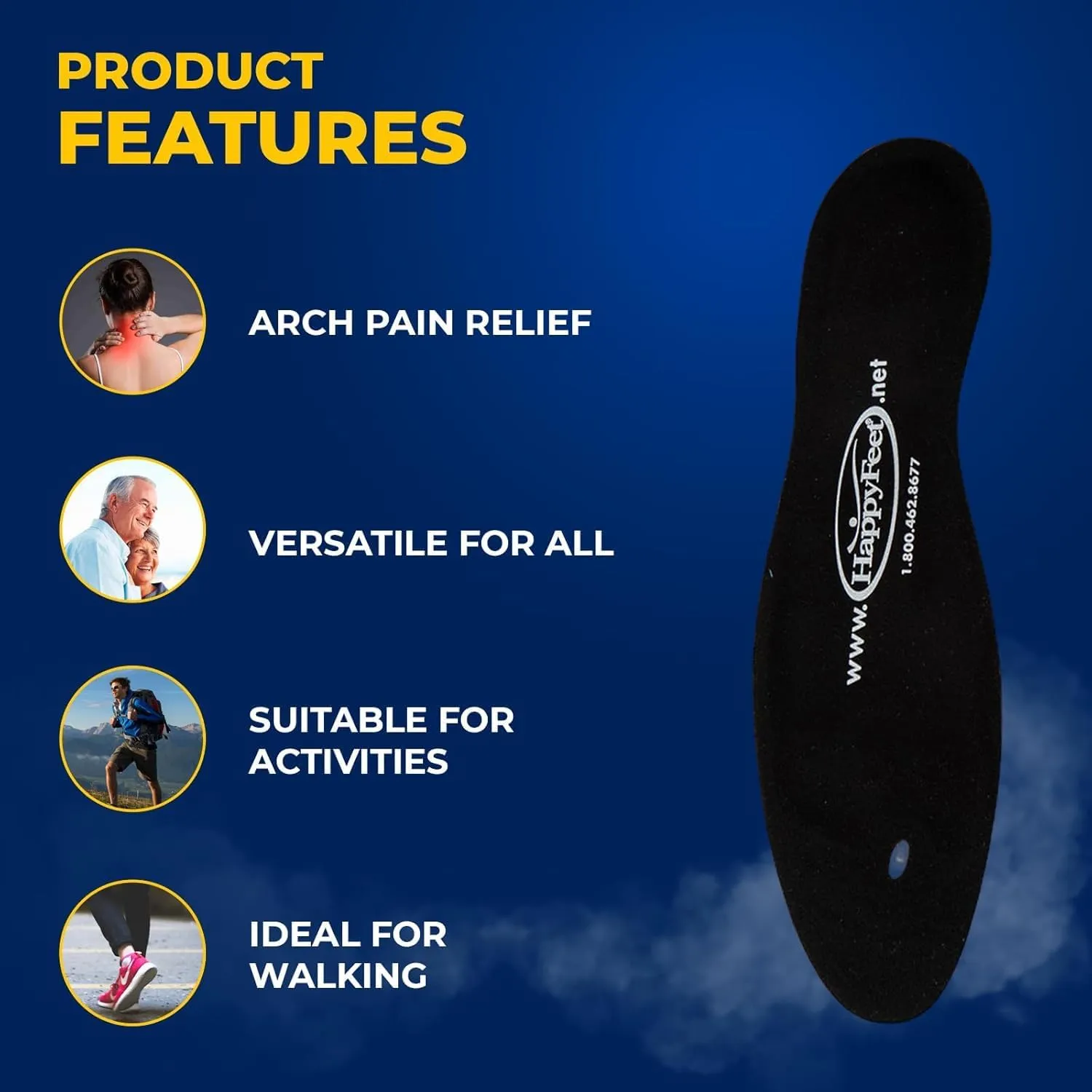 Happy Feet Plantar Fasciitis Flat Feet Orthotic Support Gel Insert Shoe Insoles for Men and Women