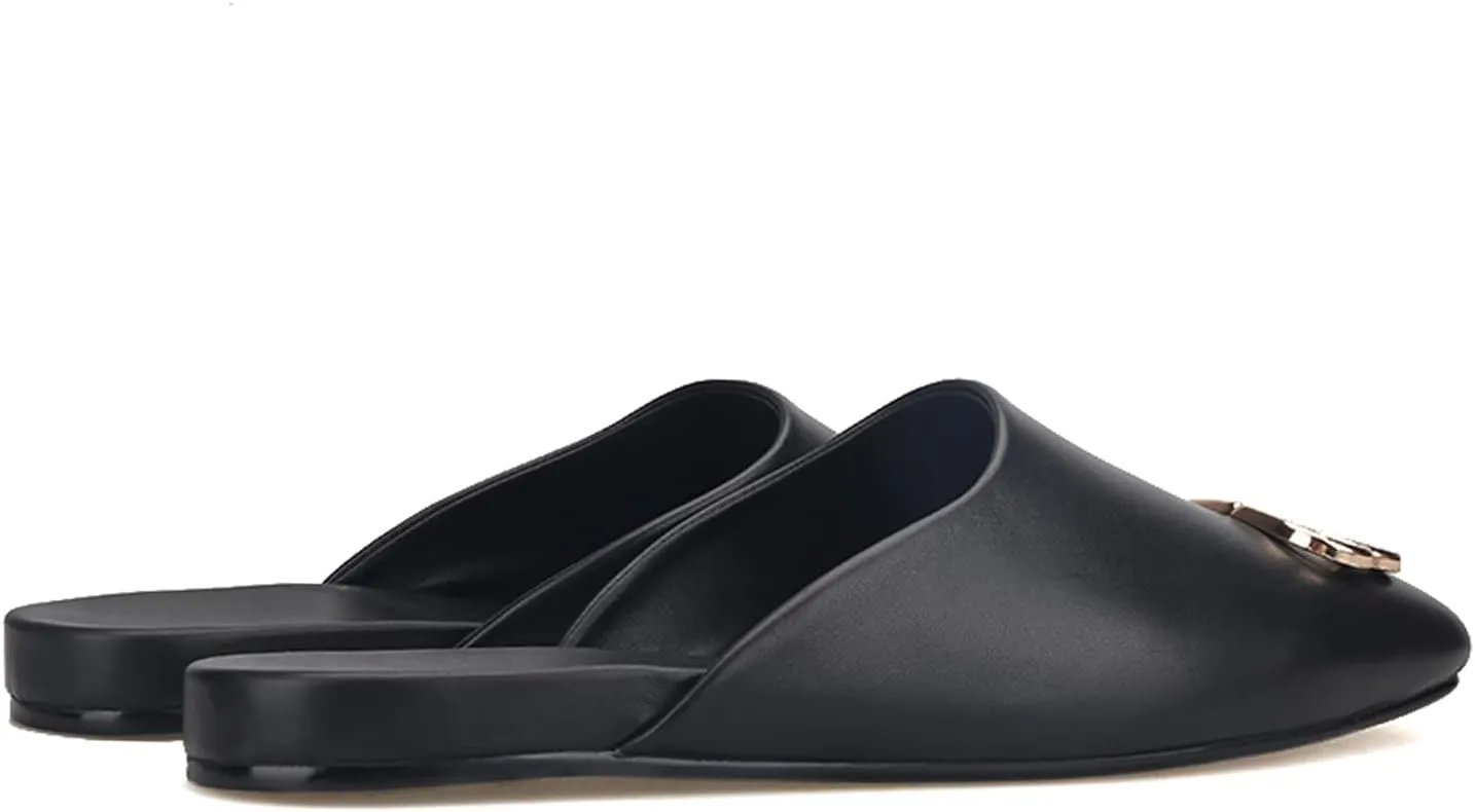 HI&HANN Handcrafted Black Calfskin Men's Mules British Style Luxurious Metal Buckle Men Slippers Party and Dress Sandal